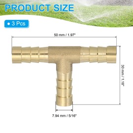 PATIKIL 5/16" Brass Tee Hose Barb Fitting,3 Pcs 3 Ways Union Intersection T Shape Barbed Split for Air Water Fuel Gas Liquid, Golden