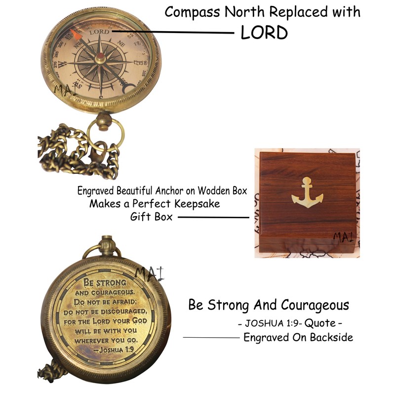 Be Strong and Courageous Engraved Compass with Wooden Box, Christian