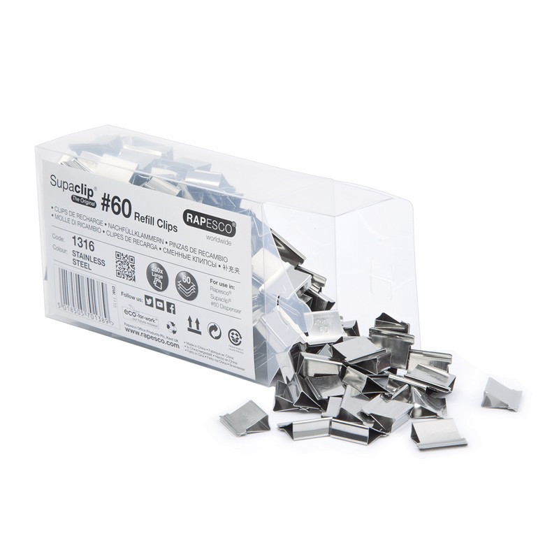 Rapesco 1316 Supaclip 60 Bulk Pack Stainless Steel Refill Clips,