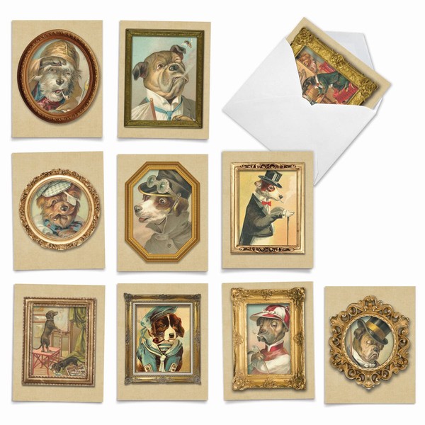 M1738BN Pup Portraits: 10 Assorted Blank All-Occasion Note Cards Feature Vintage Illustrations of Dressed Up Dogs, w/White Envelopes.