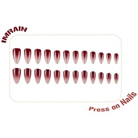 IMRAIN Glitter Press on Nails Medium Almond Fake Nails Red Gradient Glossy Glue on Nails Full Cover Stiletto Acrylic Bling Thanksgiving Nails with Designs Stick on False Nails for Women 24Pcs