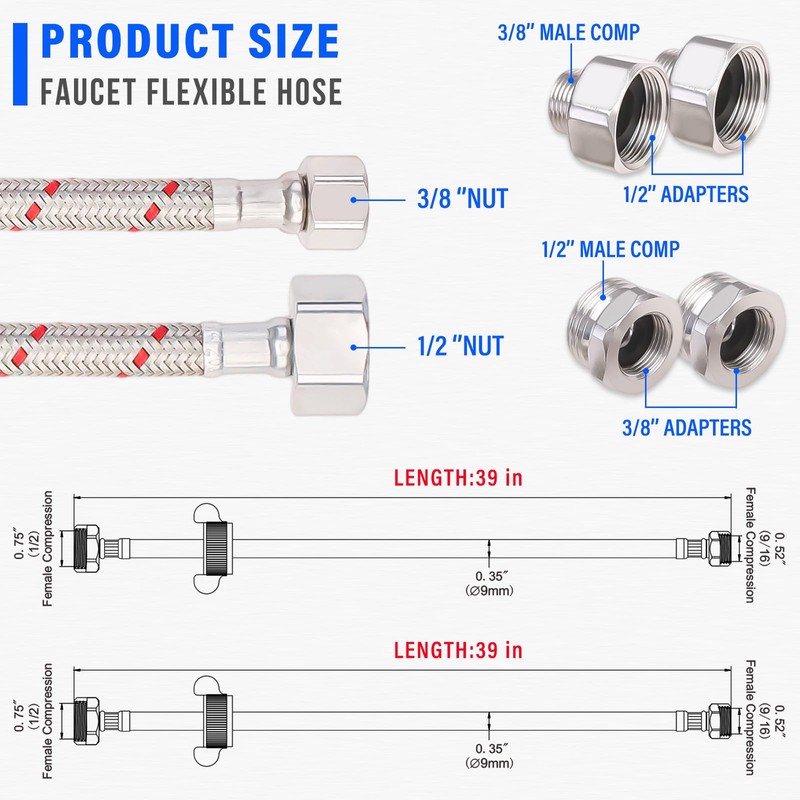 Faucet Hose Connector, 39 Inch Length Faucet Water Supply Lines