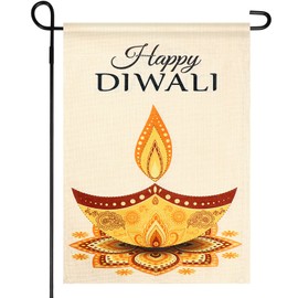 Happy Diwali Garden Flag Vertical Double Sided Lotus Flower Oil Lamp Linen Deepavali Garden Yard Flag Sign Decoration for Indian Diwali Outdoor Garden Yard Decorations 12.6 x 18 Inch