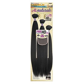 Chade Fashions Chade Fashions Ali Naturale Weave Straight 18 Inch , 20 Inch , 22 Inch + HD 4X4 Closure Human Hair Blended 1 Pack Solution - AN344S5 (1B)