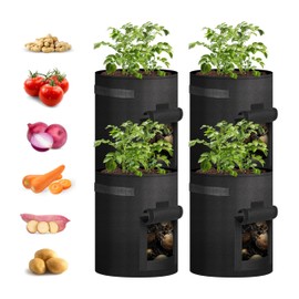 iPower Potato Grow Bags with Flap 10 Gallon 4 Pack, Garden Planting Pot with Durable Handle and Harvest Window, Thickened Nonwoven Fabric Container for Potato, Tomato, Carrot, Vegetable and Fruits