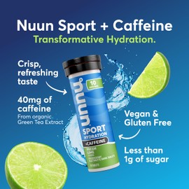 Nuun Sport Electrolyte Tablets with Caffeine from Green Tea Extract, Magnesium, Calcium, Potassium, Chloride & Sodium, Gluten Free & Vegan, Fresh Lime, 8 Pack (80 Servings Total)