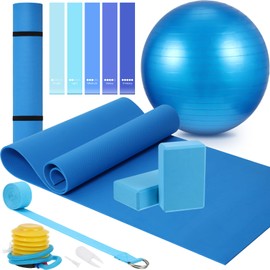 Liliful 10 Pcs Yoga Starter Kit Include 6mm Yoga Mat with Carry Strap, 2 Blocks, 65cm Pilates Ball, Stretch Strap, 5 Resistance Bands with Air Pump Home Workout Set for Beginners Women Men Gym(Blue)