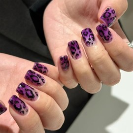 SINHOT Square Press on Nails Meium Fake Nails Glossy Glue on Nails Leopard Print Acrylic Nails Purple Cat Eye Squoval Artificial Nails Bling Glitter Stick on False Nails with Design 24 pcs