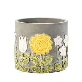 Napco Sunflower Daisy Tulip Floral 5.75 x 6 x 6 inches Natural Grey Concrete Stone Flower Succulent Plant Pot Planter Container Holder, Indoor Outdoor Garden Décor, 14653