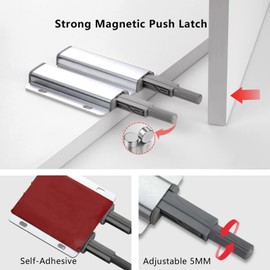 Redunest Double Push to Open Door Latch, 2 Pack Magnetic Push Latches, Adhesive Heavy Duty Touch Latch Hardware for Push to Open, Magnetic Catch for Cabinet Drawer Wardrobe Kitchen Door