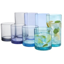 US Acrylic Classic Plastic Reusable Drinking Glasses (Set of 8) 12oz Rocks & 16oz Water Cups in Coastal Colors | BPA-Free Tumblers, Made in USA | Top-Rack Dishwasher Safe