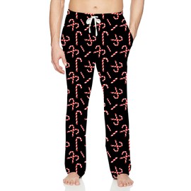 Christmas Pajama Pants for Mens Black Sleep Pants Straight-Fit Joggers Cane Candy Pj Pant with Pockets Drawstring Novelty Pajamas Size L
