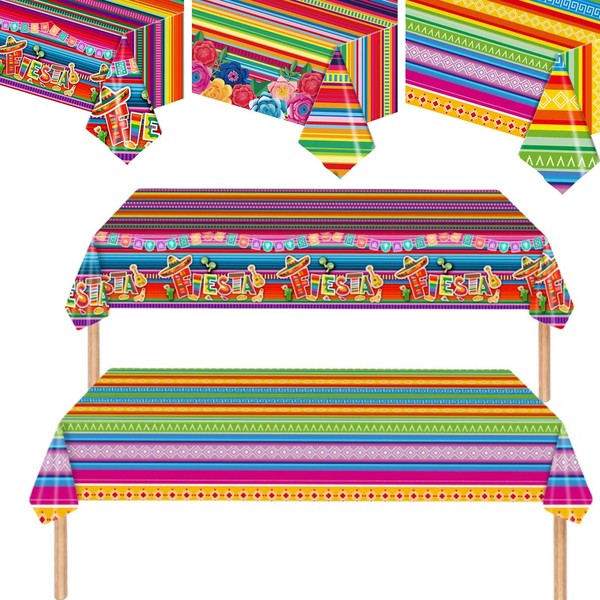 Qpout 3 Pieces Different Mexican Fiesta Tablecloth Disposable Plastic Table