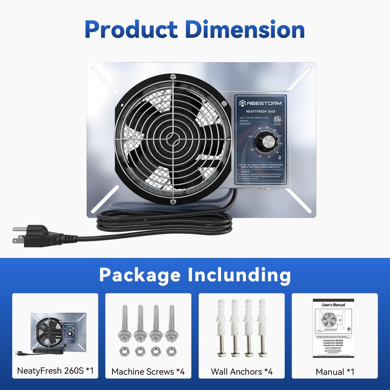 Abestorm 260CFM Crawl Space Ventilation Fan, IP-55 Rated Commercial Stainless