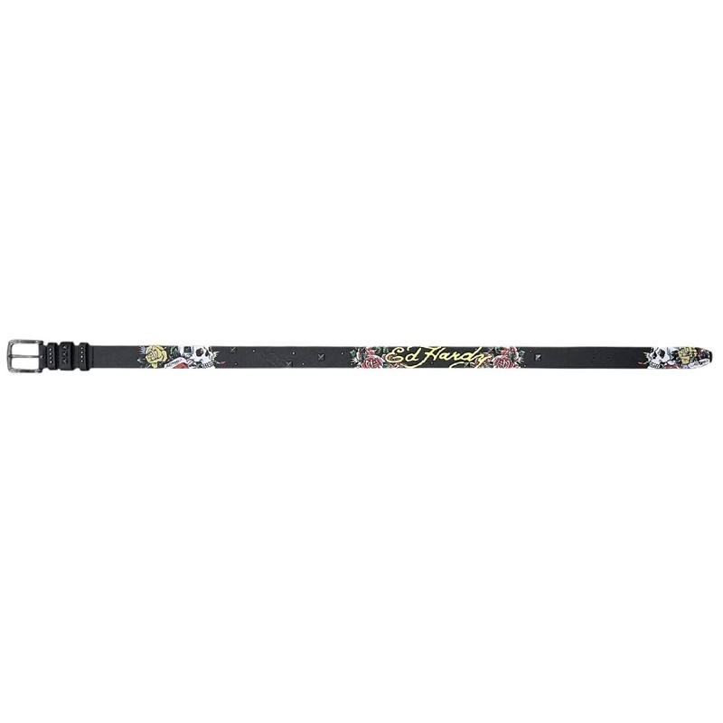 ED HARDY Men's 38mm Skulls & Roses Print Studded Belt