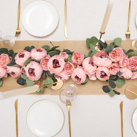 Floweroyal - Paquete de 2 guirnaldas de flores artificiales de 11.2 pies de eucalipto con flores, 8 cabezas de peonía, flores de vid de imitación para boda, arco de mesa, telón de fondo de pared, decoración de corona. (clásico Pink)