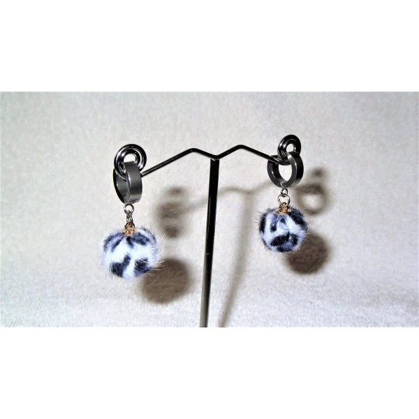 "Handmade" Fuzzy Panda Print Dangle Ball Pair of Earrings Jewelry