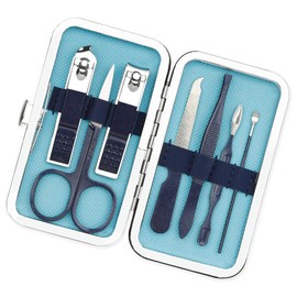 Nail Clippers Manicure Set Easter Basket Stuffers Nail Tools Pedicure Supplies Fingernail Clippers for Men Manicure Kit Toenail Clipper 8 in 1 Pednicure Tools Blue with Leather Travel Case