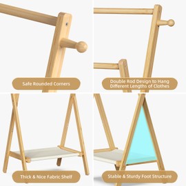 BAMBOOHOMIE Kids Clothing Rack, Small Clothes Rack for Toddler Pets, Kids Dress Up Rack with Storage Shelf & Double Rods, Foldable Kids Clothes Rack for Nursery Child's Room (Small Size)