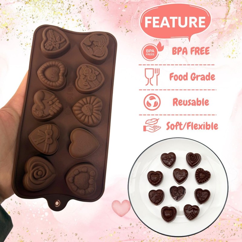 1 Piece Silicone Chocolate Molds Heart Shape with Different Pattern