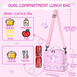 Lunch Bag for Kids, Insulated Lunch Box Cute Thermal Lunch Tote Bag with Dual Compartment and Removable Shoulder Strap,Pink Unicorn VONXURY