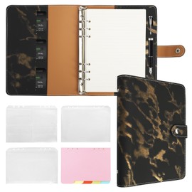 FYY Leather A5 Binder Notebook - Refillable 6 Ring Planner With Pockets, Dividers, Refill Paper, PU Leather Travel Journal Cover Black