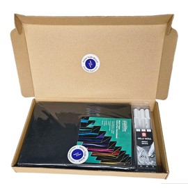 Generic Online Trade Wizard Deals | SEAWHITE 170gsm Concertina Black Paper A5 Sketchbook with Slipcase x 1 and Sakura Bright White Ink Set of 3 Pens - Sizes 05-08-10 x 1 | Postal Gift Box