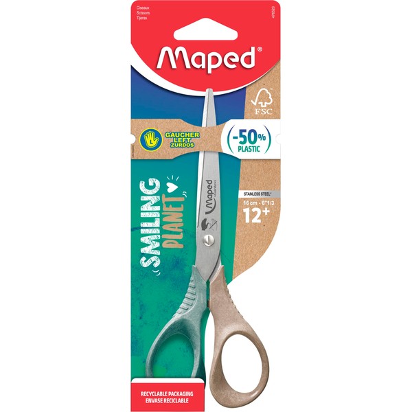 Maped - SMILING PLANET SHAPE sustainable scissors 16 cm for left-handed users - reflex 3D handles made of wood fibre composite plastic made from FSC certified material - ergonomic 3D handles