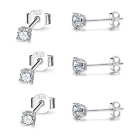 Sterling Silver Cubic Zirconia Stud Earrings for Women Men, 3 Pairs Hypoallergenic Small Tiny Stud Earring Set (Diameter 3mm)