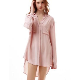 TOUSYEA Sleep Shirts for Women Button Down Shirts Long Sleeve Sleepwear Swimsuit Cover Ups Soft Pajama Tops B Pink S