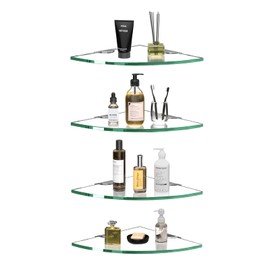 Corner Glass Shower Caddy 4 Pack 8MM-Thick Tempered Glass Shelf No Drilling Wall Mount Corner Mounted Shelves Space Saver Adhesive Bathroom Home Shelf Shampoo Holder Organizer Strong Adhesion