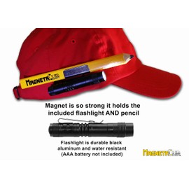MAGNETACLIP SYSTEM - STRONG MAGNETIC Pencil, and Flashlight Holder for baseball cap, winter hat, helmet, belts and more! Handy wristband included!