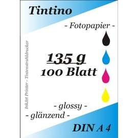 Tintino Photo Paper A4 / 135g/sqm / High Gloss / for Inkjet Printers / Dries Immediately / Waterproof / High Colour Brilliance / Pack of 100 / Brilliant White