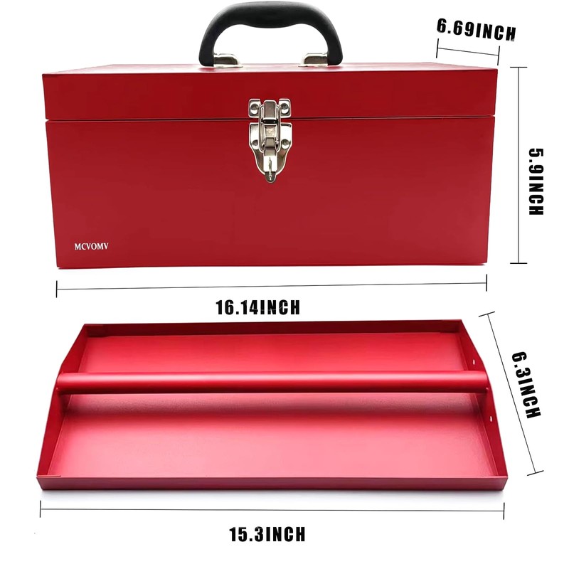16" Portable Metal Toolbox Large Tool Box 18-Gauge Fishing Tackle