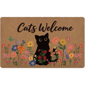 yueyaer Black Cat Flower Door Mat, Funny Welcome Outside Indoor Entrance Non Slip Doormat, Rustic Artificial Coir Porch Back Door Home Cat Lovers Owners Decor,17X30in
