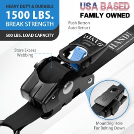HANDT Retractable Ratchet Straps (2PK) 1in x 6ft - 1,500lb Break Strength, Heavy Duty Tie Down Automatic Self Ratcheting Strap Downs Push Button Retracting for Truck, Trailer, Motorcycle | Black