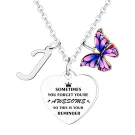 Inspirational Necklace with Initial You Are Awesome Necklace Butterfly Charm A-Z Letter Necklace for Friends Necklace Gifts for Sister Daughter Granddaughter 26 Letters Alphabet Necklace (Letter J)