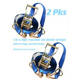 Everest 2pc 1in x 16ft  Ratchet Strap with D-Ring  3000lbs Breaking Strength 1000lbs WLL