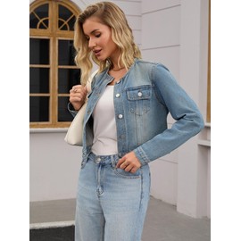 CIMUK Women's Denim Jacket Collarless Button Down 2025 Western Long Sleeve Jean Jackets Medium Vintage Blue