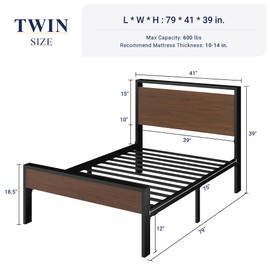 Allewie Twin Size Platform Bed Frame with Wooden Headboard and Footboard, Heavy Duty Metal Slats Support, No Box Spring Needed, Under-Bed Storage, Noise Free, Easy Assembly, Walnut