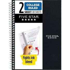 Five Star Spiral Notebook, 2 Subject, College Ruled, 9 1/2" x 6" 80 Sheets, Black (840029AA2-ECM)