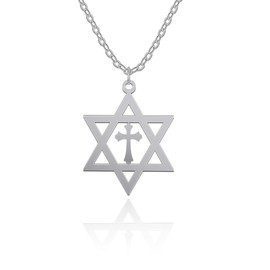 Yifnny Star of David Pendant Necklace, Lucky Star Cross Necklace Six-Pointed Star Stainless Steel Chain Cross Jewelry Star Of David Simple Pendant for Men (Style 2 Silver)