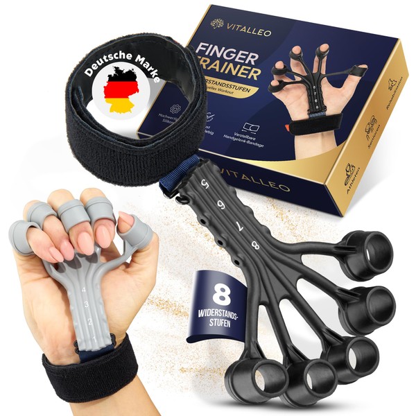 VITALLEO Hand Trainer Set of 2 - Increase Grip Strength - 8 Resistance Levels, Forearm Trainer - Rehabilitation and Prevention - Quality Finger Trainer