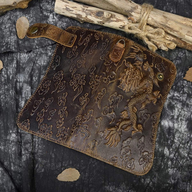 Mens Leather Long Bifold Wallet with Chain, Biker Wallet Vintage