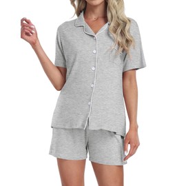YOPUGEE Matching Pajamas Set for Couples Women Men Short Sleeve Sleepwear Button Down 2 Pcs Pjs Sets Loungewear,Light Grey-S
