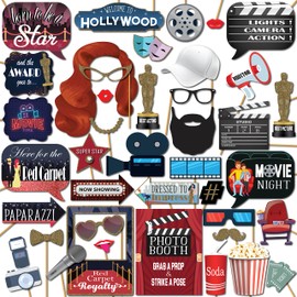Hollywood Photo Booth Props - 41-pc Photobooth Kit with 8 x 10-Inch Sign, 60 Glue Dots, 45 Sticks - Movie Night Supplies - Hollywood Party Decorations