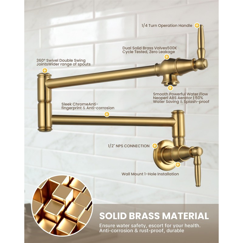 Pot Filler Faucet, Wall Mount Pot Filler Kitchen Faucet (Gold)