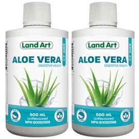Land Art Pure Aloe Vera Juice Unflavoured 500 ml - Cold-Processed C from Organic Fresh Leaves C for Intestinal Issues C Made In Canada (Pack of 2)
