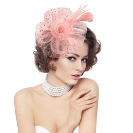 GHGMAO Fascinators Hat for Women Tea Party Headband Kentucky Derby Wedding Flower Cocktail Mesh Ribbons Feathers Hair Clip (Blush Pink)