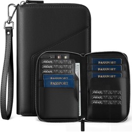 VULKIT Portapasaportes Familiar para 4 Pasaportes - Cartera RFID, Capacidad para 5, Organizador con 4 Ranuras para Tarjetas y SIM, Cierre Seguro, Esenciales para Viajes Familiares, Negro